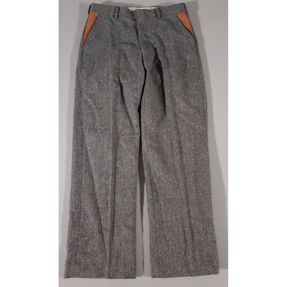 Orvis Trousers Mens 32 Gray Herringbone Wool Leather Trim Straight Leg